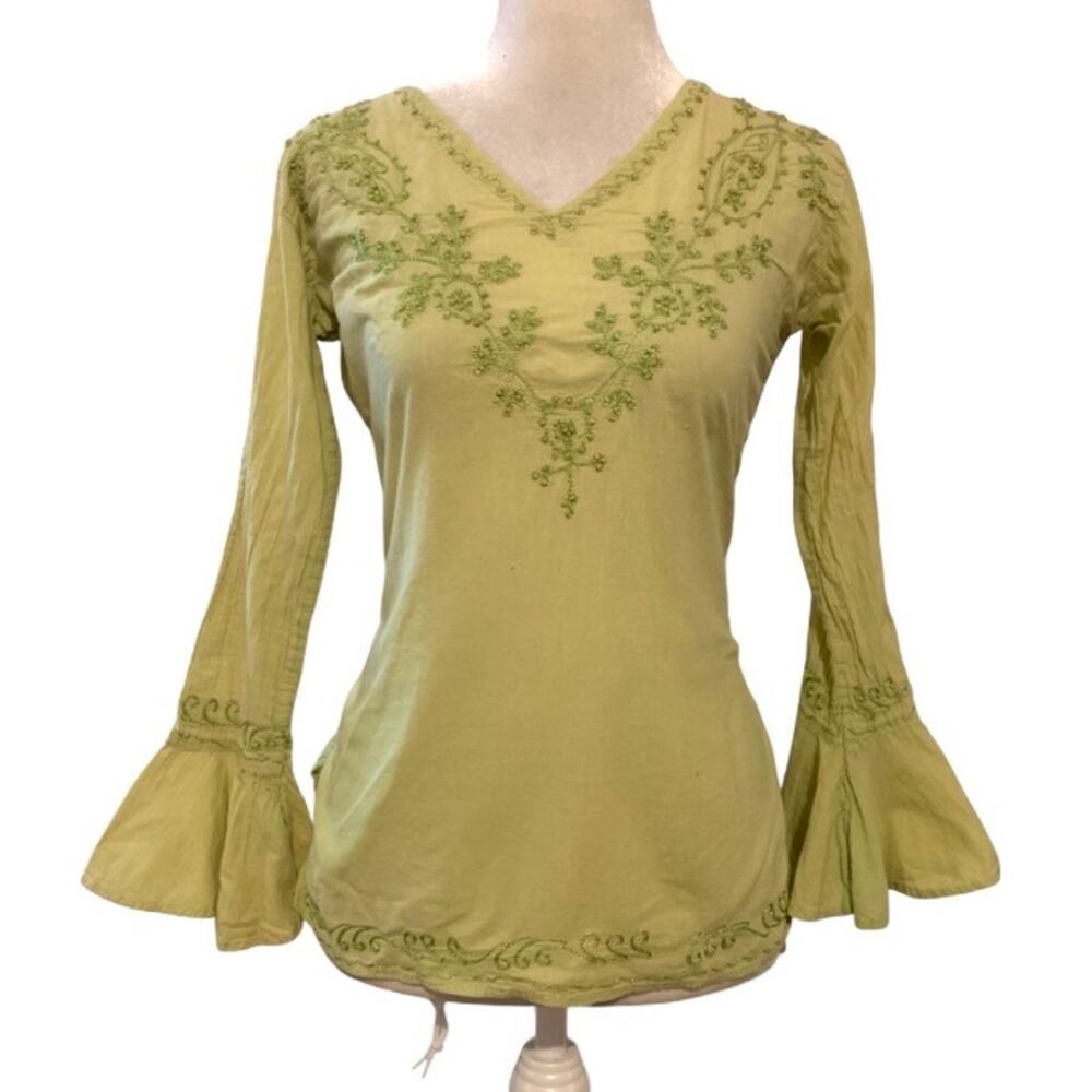 Y2K Green Beaded Boho Flare Sleeve Top – Small